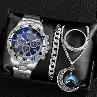 4 Bộ Đồng Hồ Nam Thời Trang Hợp Kim Ba Đồng Hồ Thạch Anh MIỄN PHÍ Mặt Trăng Ngôi Sao Vòng Cổ Vòng Tay Vòng Tay