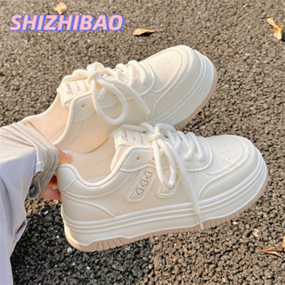 SHIZHIBAO Sữa fufu trắng giày dành cho nữ mùa thu mới phong cách nóng bỏng dành cho sinh viên giày đế dày