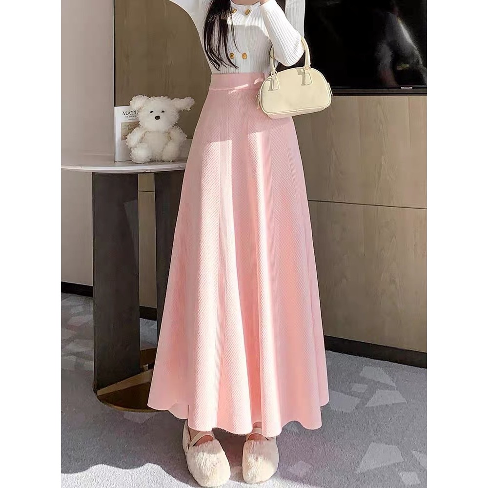 Jiashuchen Váy Nữ Thu Đông Tính Khí Cao Dài Lớn Viền Dù Váy Dài Dệt Kim Thịt-Covering a-Line Váy