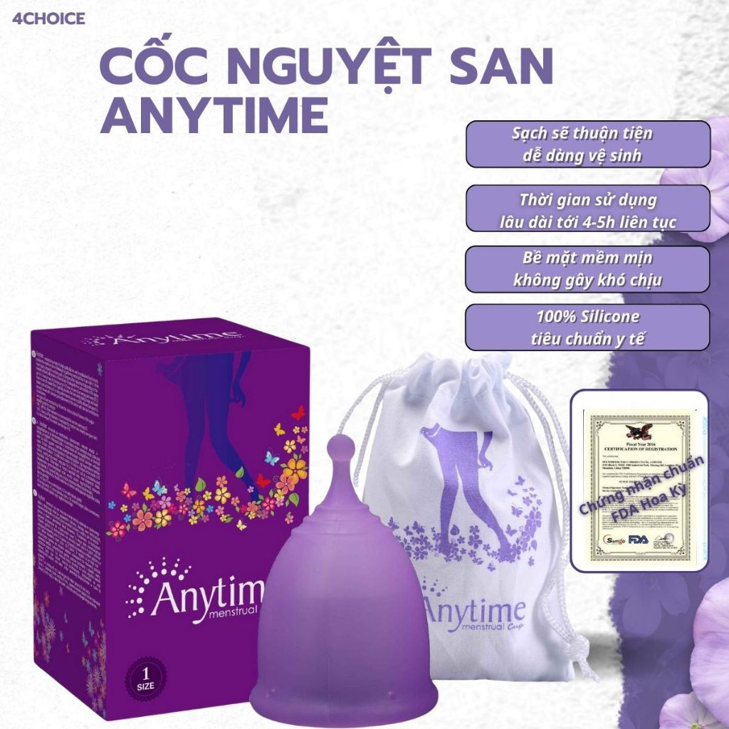 Cốc nguyệt san Silicone y tế siêu mềm Anytime chính hãng, đạt tiêu chuẩn FDA Hoa Kỳ size X/L dùng cho phụ nữ Việt.