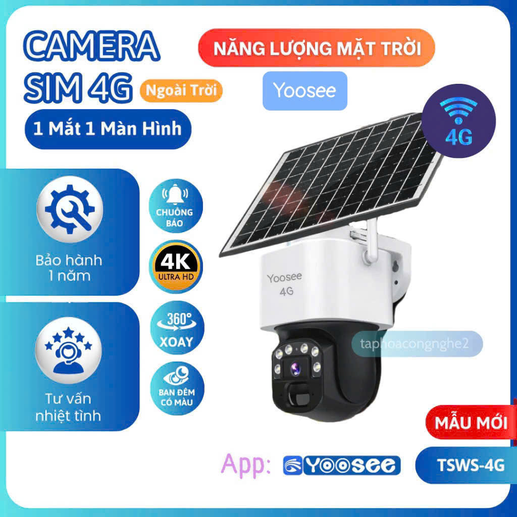 Camera năng lượng mặt trời 4G Yoosee dùng sim 4G 360 độ Tích hợp sẵn sim 4G, Chính hãng Yoosee