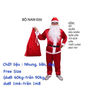 Bộ quần áo ông già Noel người Lớn size(60-110kg)(Nam, Nữ) bằng nhung, nỉ cao cấp(đủ phụ kiện mũ, nón, râu, túi, bao tay)