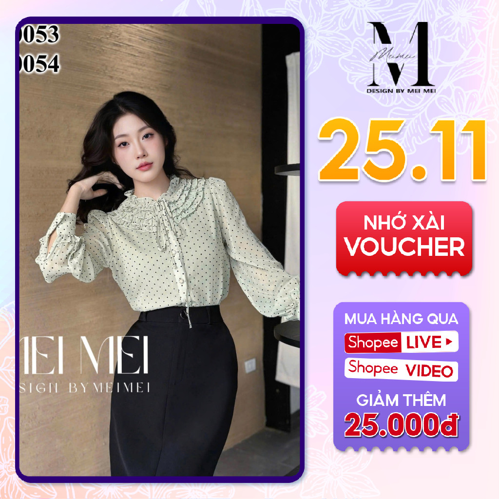 Sơ mi nữ thanh lịch chấm bi phối cổ bèo có dây thắt nơ 3 màu cực xinh Meistore LA0053