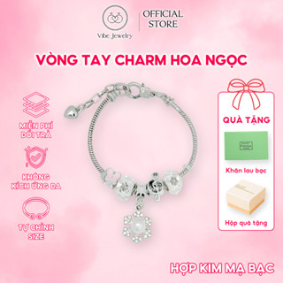 Vòng tay charm hoa 5 cánh trắng, kiềng/ lắc tay Pan hợp kim titan mạ bạc đính ngọc trân châu V119