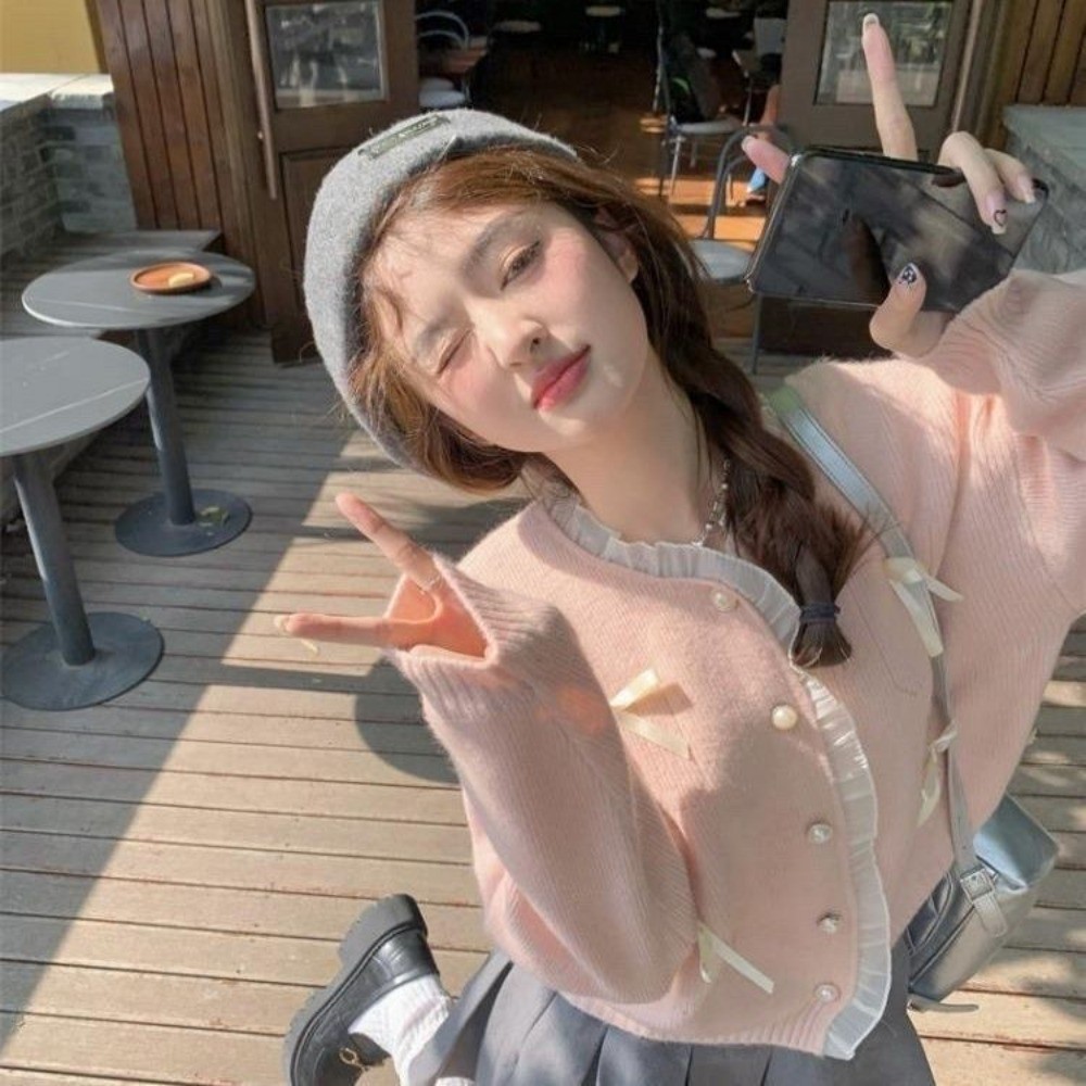 TURETREE  Áo Len Cardigan  Ren Nữ Áo Khoác Dệt Kim Ngắn Nơ Dáng Rộng Thời Trang Mới Fashion | BigBuy360 - bigbuy360.vn