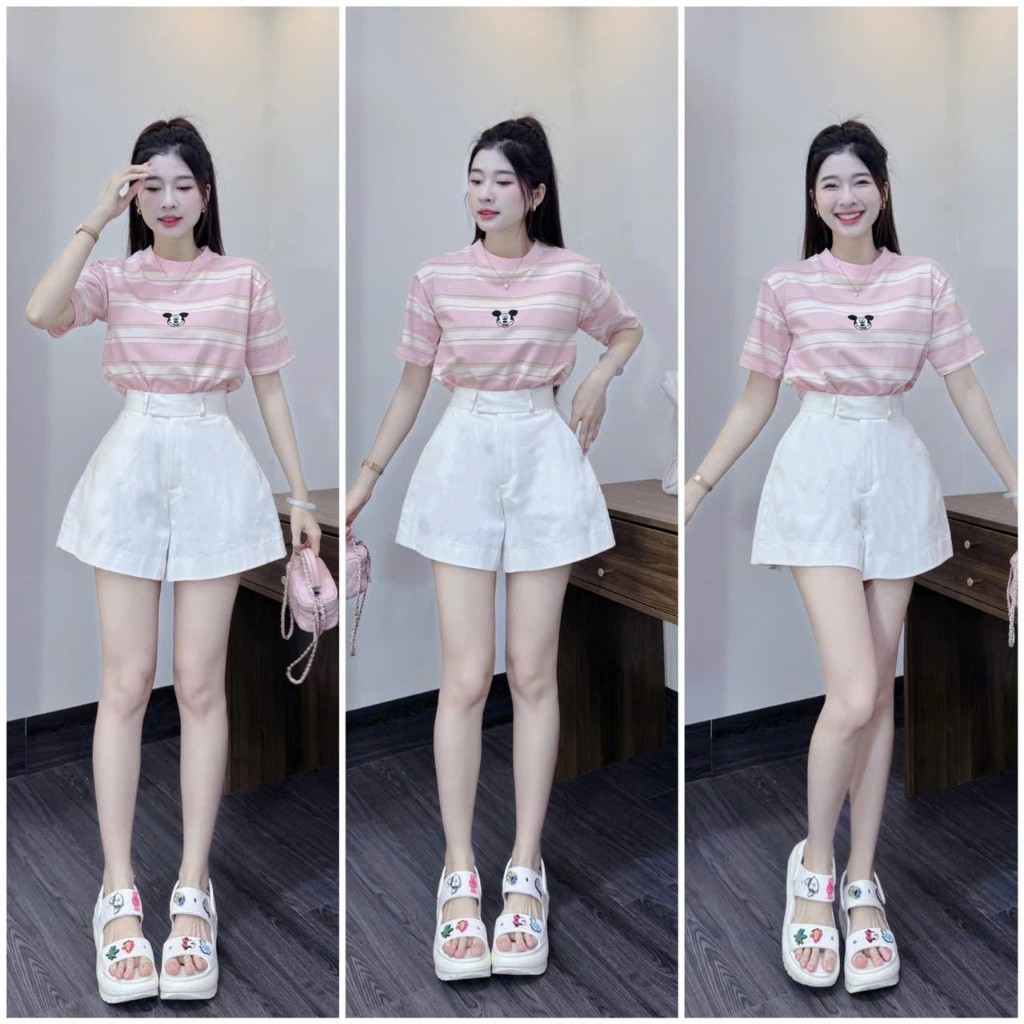 Set áo kẻ hồng thun tăm lạnh quần Kaki, tay ngắn in Mickey mix quần đùi, Set bộ thiết kế dễ thương
