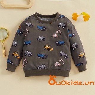 Áo thun in hình xe bé trai dài tay cổ tròn Áo chui đầu thông thường