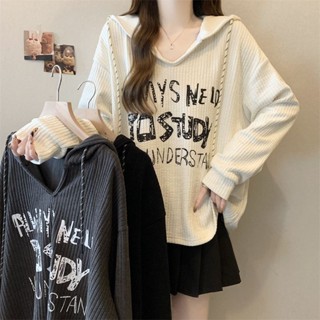 MR[Áo Hoodie Oversize] (30-100kg) Áo thun dài tay in chữ phong cách Hàn Quốc cỡ lớn cổ chữ V