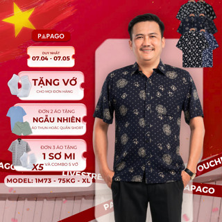 Áo sơ mi nam trung niên PAPAGO tay ngắn vạt ngang vải lanh mềm mịn xẻ tà có hoạ tiết nổi bật - P23SNHT005