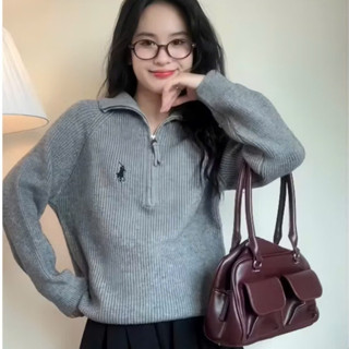 Áo Polo Cổ Sơ Mi Thêu Ngựa KCloset Áo Len Dày Dặn Dáng Rộng Nữ Tính