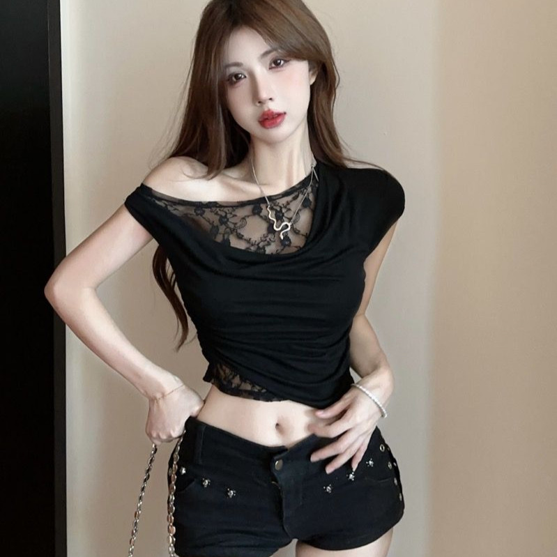 Gợi Cảm Phong Cách Cô Gái Nóng Cổ Xoay Thiết Kế Thời Trang Bất Đối Xứng Đeo Vai Ngắn Tay Ren Khâu Thiết Kế Giả Hai Mảnh Ngắn Top Mùa Hè Slim fit Crop Ngắn | BigBuy360 - bigbuy360.vn