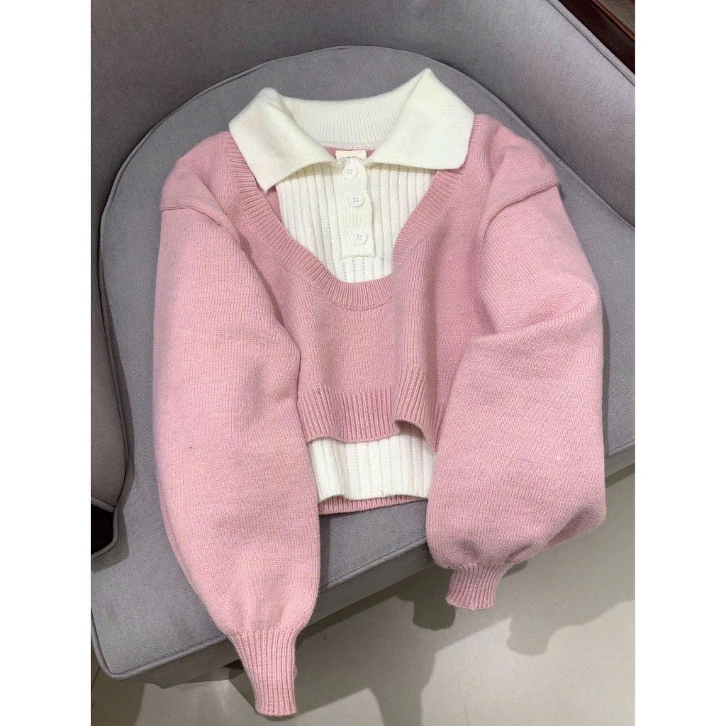 Áo len thu đông set 2 món thiết kế cổ sơ mi phối tay bồng hottrend HMH SP242 | BigBuy360 - bigbuy360.vn