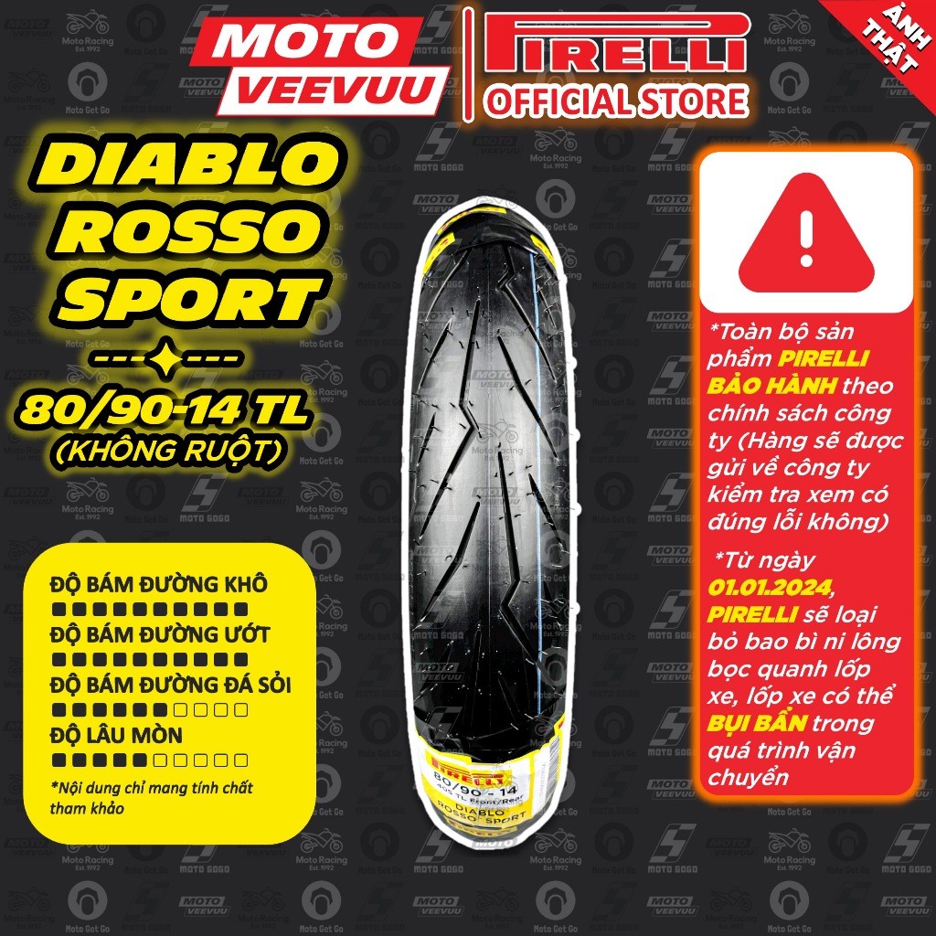 [MTVV] Vỏ lốp xe máy PIRELLI 80/90-14 TL Diablo Rosso Sport<END>