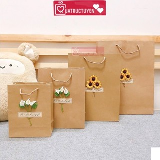 Túi đựng quà  kraft Vintage gắn hoa khô - túi quà tặng  giấy màu nâu kraft quai xách tặng