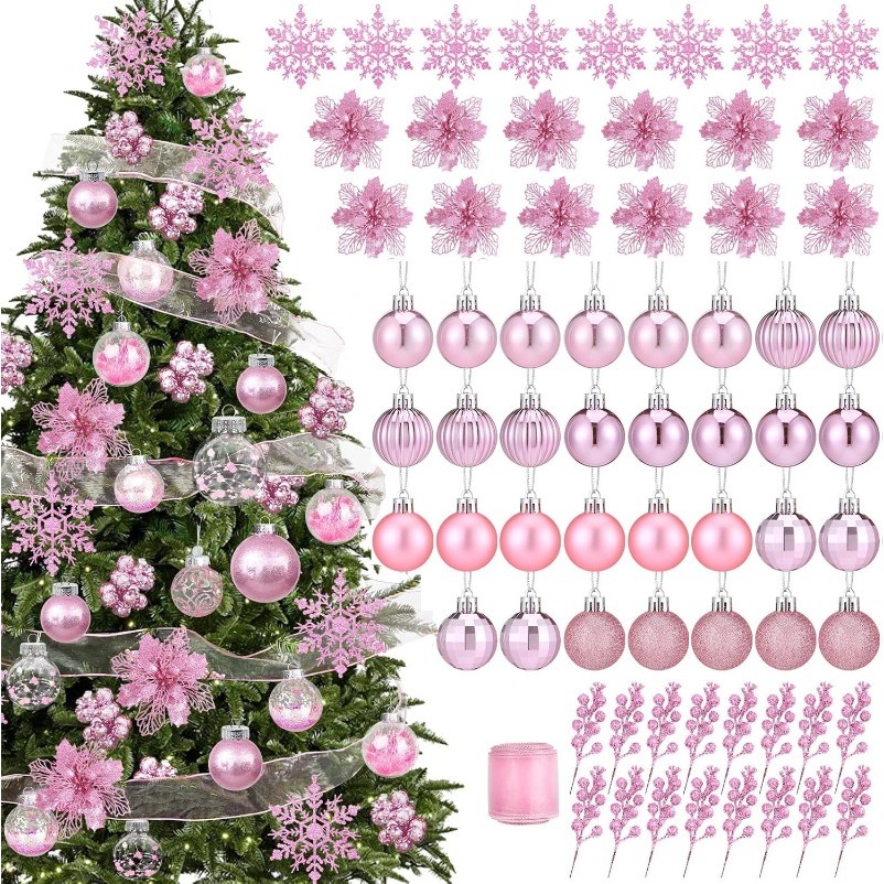 Bộ trang trí cây thông Noel màu hồng Đồ trang trí Giáng sinh Quả bóng Giáng sinh Đồ trang trí Ánh sáng lấp lánh Hoa quả lấp lánh Cây mọng lấp lánh Nơ bông tuyết cho trang trí vòng hoa vòng hoa tại nhà