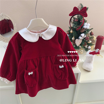 Váy Thu Đông Babydoll Lót Lông Tay Dài 2 Túi Cổ Bèo Đỏ Bé Gái 1-7 Tuổi MINTSCLOSET Quảng Châu GV0238