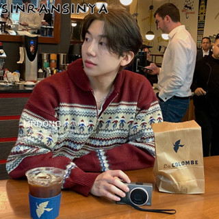 Sinransinya Áo len nam hệ thống năng lượng mặt trời jacquard dây kéo cổ POLO Năm mới Áo len Giáng sinh