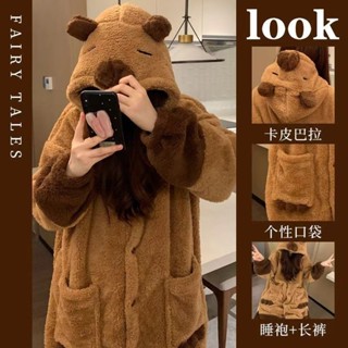 Phong Cách Mới Bộ Đồ Ngủ Kapibara Nữ Váy Ngủ Mùa Đông, Áo choàng Tắm Lông Cừu San Hô Dễ Thương Plus Lông Cừu Dày Phong Cách Giữa Chiều Dài