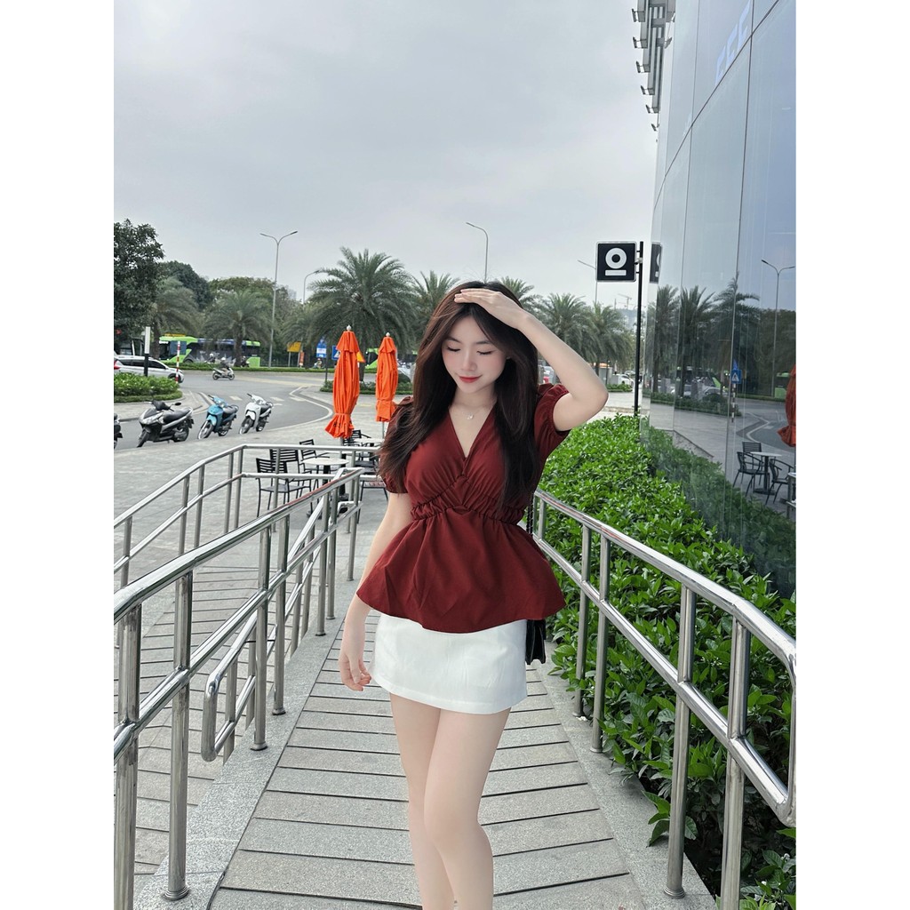 MS086 Áo sơ mi nữ kiểu babydoll bo chun thân cộc tay dễ thương chất thô mềm mát thấm hút mồ hôi | BigBuy360 - bigbuy360.vn