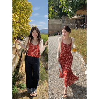   8-10 days  Set Váy Dài Hoa Nhí Đỏ Phong Cách Pháp – Đầm Dây Kèm Áo Khoác Mỏng Tôn Dáng Thanh Lịch Mùa Hè 