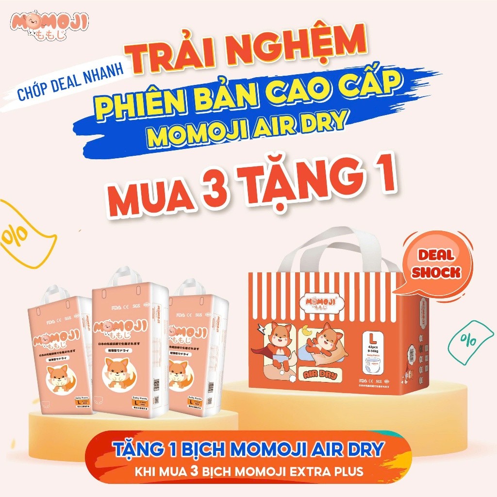 [Deal trải nghiệm Momoji Air Dry] Combo 3 Bịch Tã Bỉm Momoji Siêu thấm hút NB64/S60/M56/L54/XL50/XXL