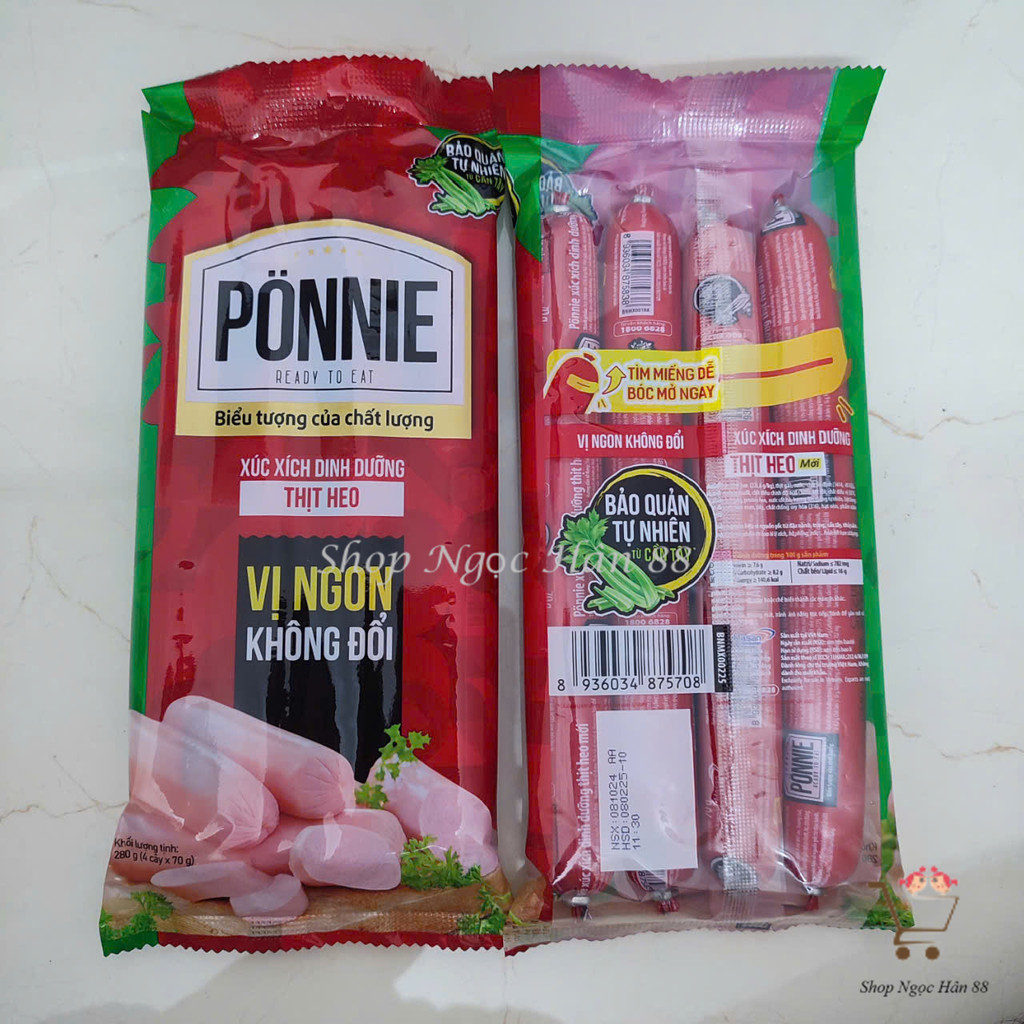 Gói lớn Xúc Xích Dinh Dưỡng Ponnie Thit heo bảo quản tự nhiên từ cần tây 280g (4 cây x 70g)
