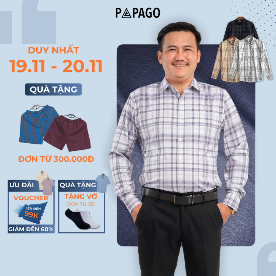 Áo sơ mi tay dài nam trung niên PAPAGO-vải lụa thun mềm mát sọc caro -P23SDCR003