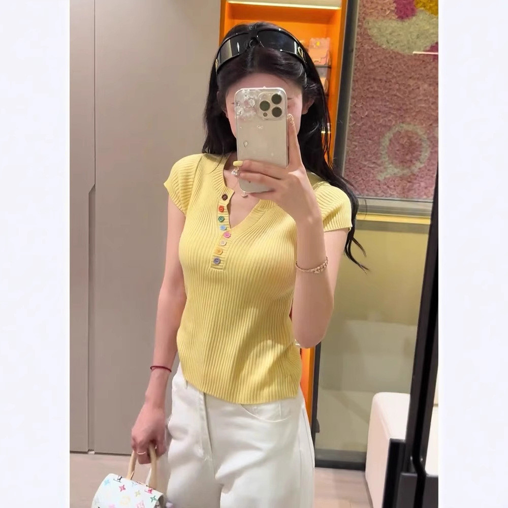 YAYUAN Áo Len Cổ Chữ V Nút Nhiều Màu Sắc Nữ Mùa Hè Giảm Tuổi Thời Trang Sang Trọng Ôm Hơn Nhìn Ngắn- | BigBuy360 - bigbuy360.vn