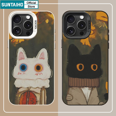 Suntaiho Thẩm Mỹ Vỏ Hoạt Hình Mèo Họa Tiết Tranh Sơn Dầu Ốp lưng Cho IPhone 11 12 13 14 15 16 Pro Max IP TPU Silicone IDM Cứng Cao Cấp Chống Sốc Ốp Lưng