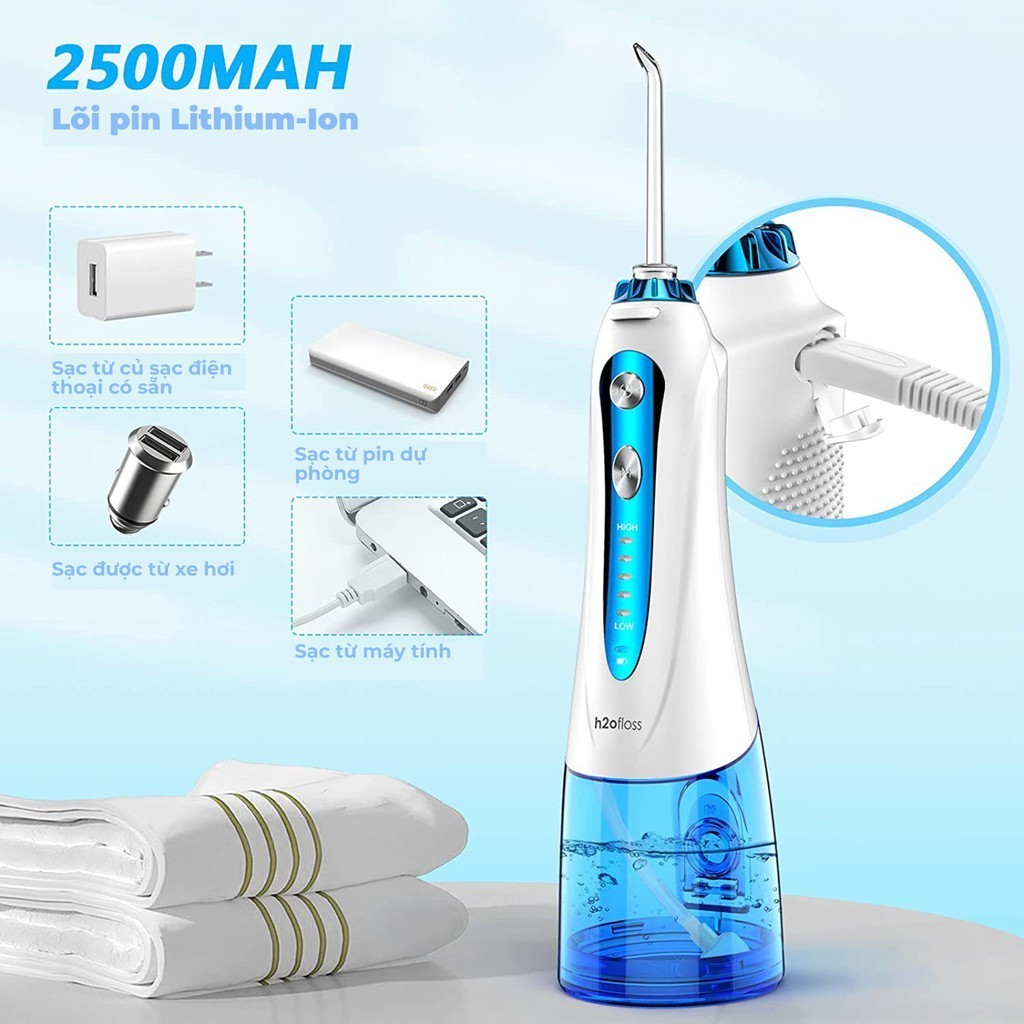 Máy tăm nước H2oFloss HF-9P/HF-2/HF-6 với 5 Đầu Vòi 5 Chế độ chống nước IPX7 sạch trắng răng