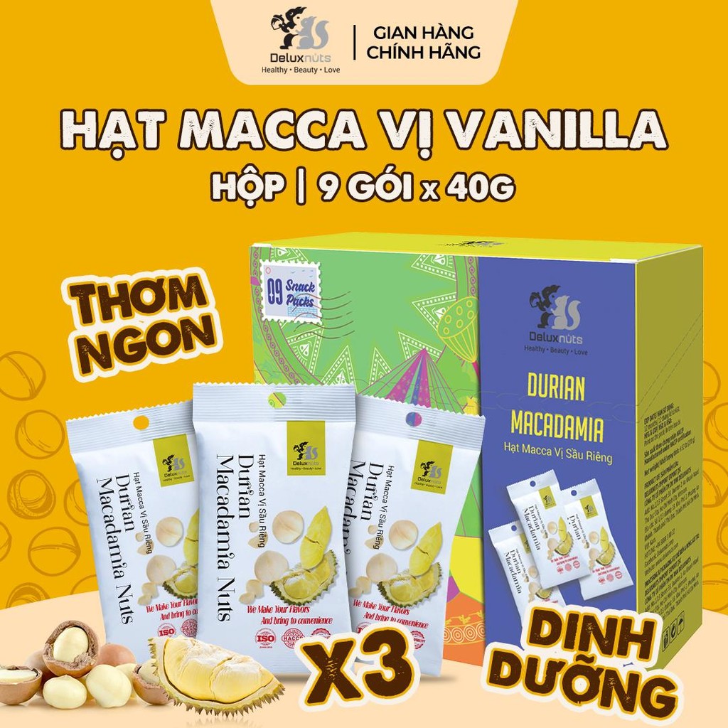 [Hỏa tốc] Hộp 9 Gói Maccadamia Vị Vanilla 360g Deluxnuts | Hạt Dinh Dưỡng, Snack Ăn Vặt (Tổng Trọng Lượng 360g)
