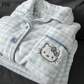 Bộ Đồ Ngủ Lông Cừu San Hô Nữ Thu Đông Hoạt Hình Xanh Hello Kitty Ấm Áp Dài Tay Trous