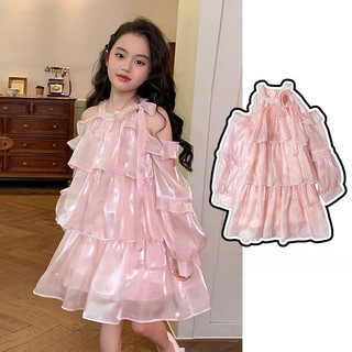  Váy bé gái mùa thu mới 2024 váy công chúa organza màu hồng váy sinh nhật trẻ em váy treo cổ quần áo bé gái 