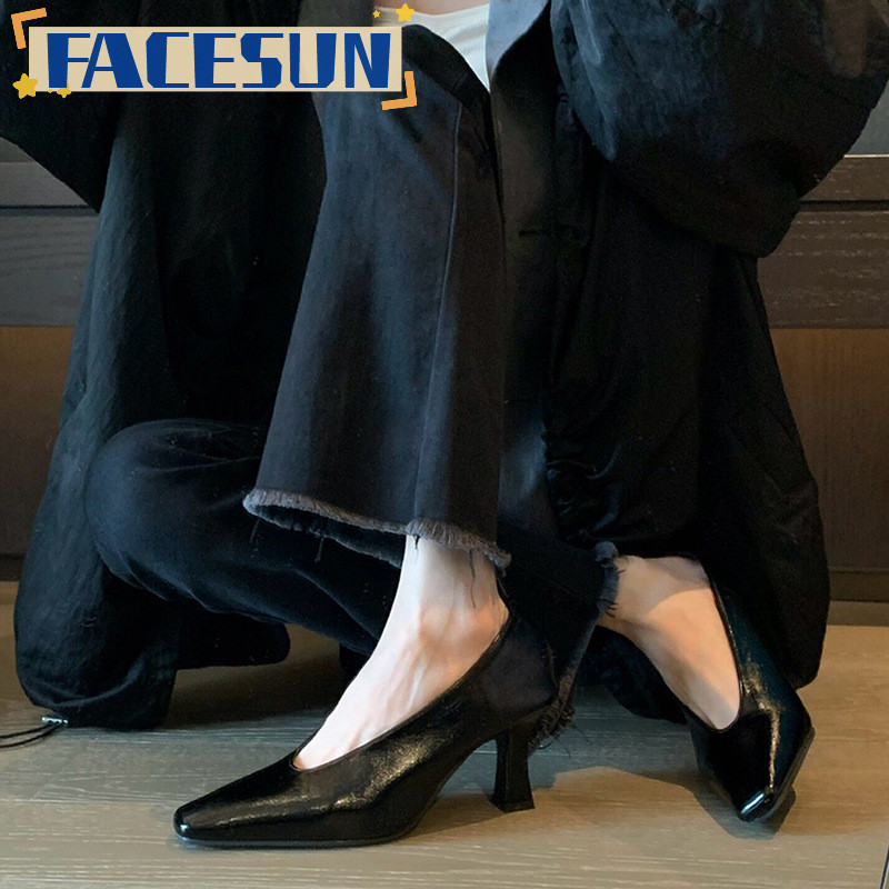 FACESUN Giày cao gót kiểu Pháp mũi vuông đế dày màu đen mới dành cho nữ