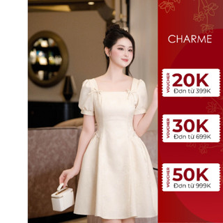 Váy nữ cổ vuông đính nơ chất liệu gấm chiết eo ngọc Charme 409046