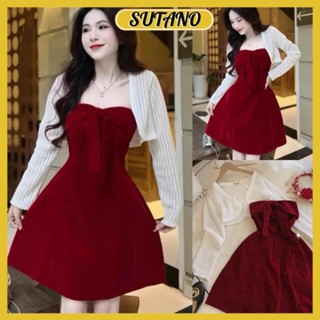   XẢ KHO  Set váy nhung đỏ cup ngực phối nơ to tiểu thư phối áo khoác cardigan tăm dài tay đầm nhung cao cấp V337 SUTANO 
