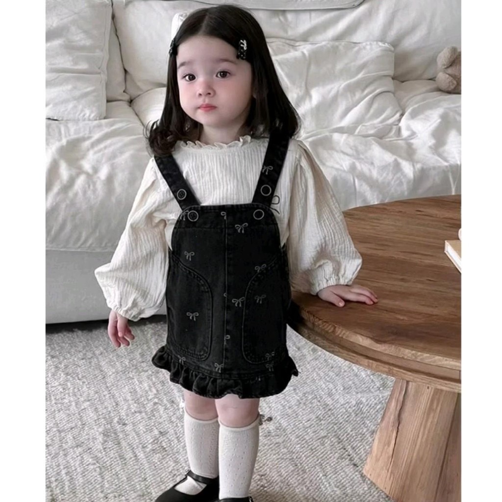 7-22kg_ Yếm Váy Jean NƠ, Kèm Áo Xô Đũi tay Dài, Đen và Xanh jean