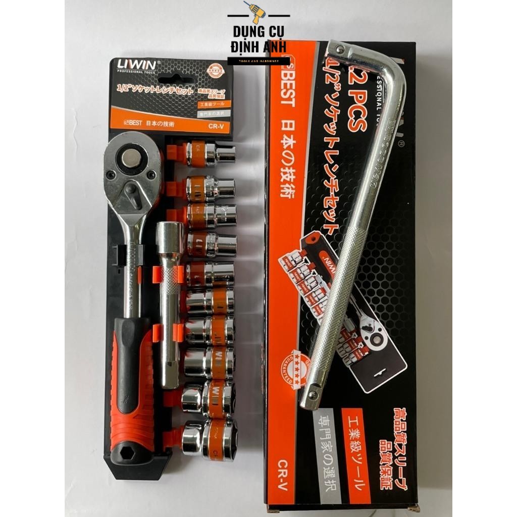 Bộ tuýp sửa xe 12 chi tiết Liwin, bộ đầu khẩu vặn ốc đa năng Liwin Japan 12 món cần tự động 1/2 ( Tặ