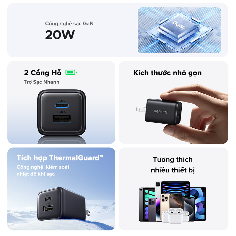 Ugreen 20W GaN Nexode Sạc Mini USB C Sạc Điện Thoại PD3.0 QC3.0 Cho iP16 15 Pro Max Samsung S25 Máy Tính Bảng | BigBuy360 - bigbuy360.vn