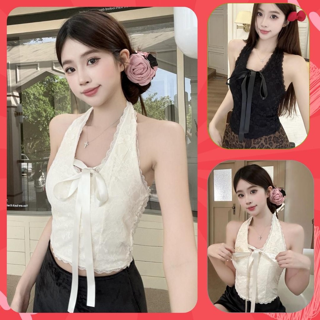 [ÁO QCCC CÓ MÚT] Áo cổ yếm ren áo kiểu cho nữ có mút hở lưng QCCC Áo thun croptop quây thắt nơ xinh xắn Áo tank top AT29