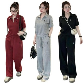 Set Bộ Dài Cổ Khóa Dây Buộc Thêu Ngựa mix Quần Ông Suông Rộng Chất Cotton Dày Dặn Đứng Form Cạp Chun
