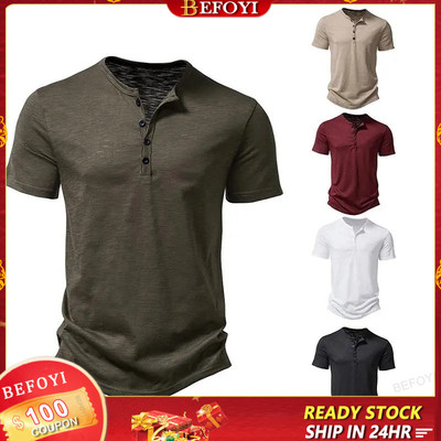 Nam Tay Ngắn Polyester Phong Cách Âu Mỹ Ins Rời Màu Trơn Nửa Nút Henley Cổ Làm Việc ZXR94