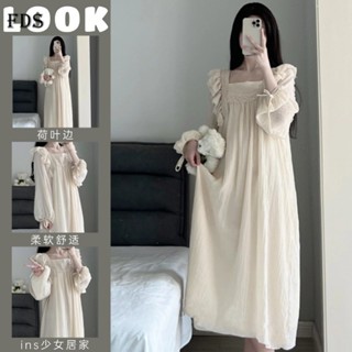 Đồ ngủ Hàn Quốc Fds Đầm ngủ cổ vuông màu trơn cho nữ mùa xuân và mùa thu Đầm thường ngày rộng cỡ lớn