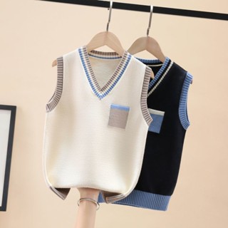 Thu Đông Phong Cách Mới Thời Trang Cotton Nguyên Chất Vừa Lớn Bé Trai Nam Cổ Chữ V Áo Chui Đầu Không Tay Áo Len