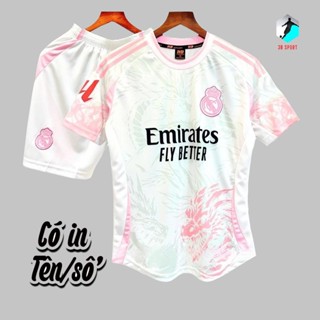 [Có in tên số]Quần Áo Bóng Đá, Đồ Đá Banh Real Madrid trắng hồng rồng 2024/25 Mè hàn Cao Cấp, không nhăn xù