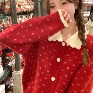 Giáng Sinh Năm Mới Cổ Búp Bê Đỏ Hoa Nhỏ Màu Sắc Tương Phản Áo Len Áo Khoác Nữ Ngọt Ngào Giảm Tuổi Dệt Kim Cardigan Thường Ngày Hàng Đầu V250220125 