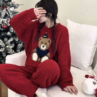  Bộ đồ ngủ nữ gấu FDS đỏ rượu nửa nhung nửa dài tay mùa đông đồ ngủ mặc nhà nửa nhung quần dài 