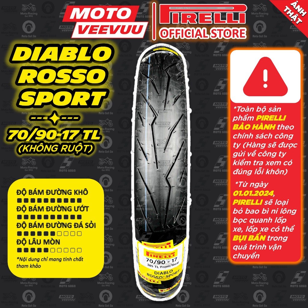 [MTVV] Vỏ lốp xe máy PIRELLI 70/90-17 TL Diablo Rosso Sport<END>