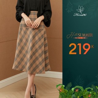 Chân váy nữ HeraDG thiết kế dáng xòe midi cắt phối chéo kẻ, thắt dây phối vải WJPBB2024