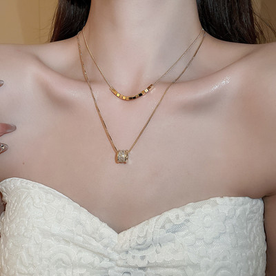 DREJEW 18k thật mạ vàng zircon hai lớp mặt dây chuyền vòng cổ mới đa năng xương đòn chuỗi ánh sáng sang trọng trang trí vòng cổ cao cấp